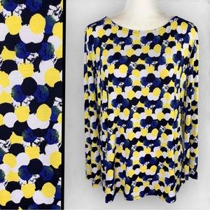 Tribal long sleeve career top XL blue yellow white geometric spots loose fit EUC